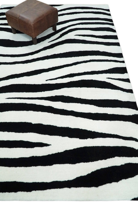 Modern Zebra Hand Tufted Black and White Wool Area Rug