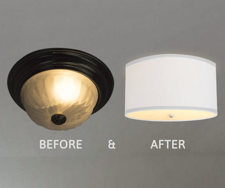 Moderne Flush Mount Conversion Kit 18"w White Linen Shallow Drum Lampshade-Parc Decor