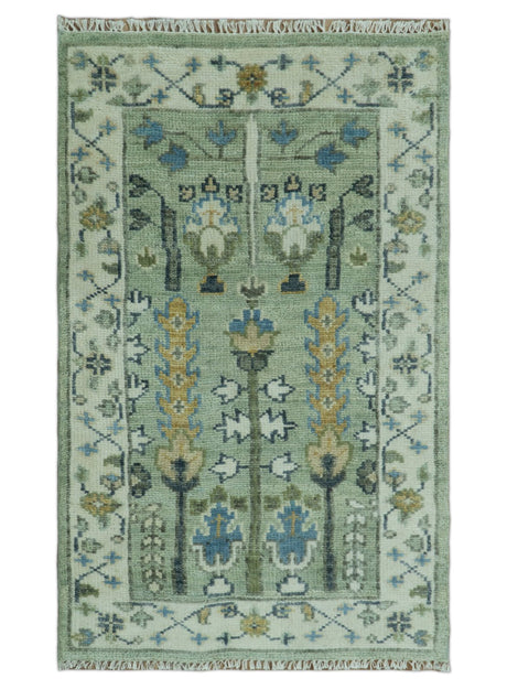 Moss Green and Ivory Multi Size Vintage Wool Hand Knotted Rug