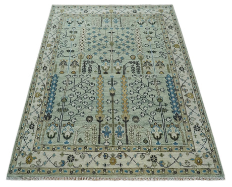 Moss Green and Ivory Tree of life Hand Knotted Wool Rug