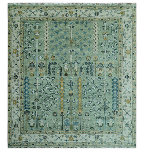Moss Green and Ivory Tree of life Hand Knotted Wool Rug