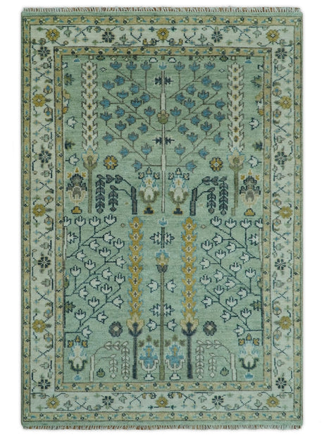 Moss Green and Ivory Tree of life Hand Knotted Wool Rug