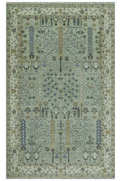 Moss Green and Ivory Tree of life Hand Knotted Wool Rug