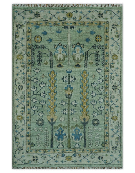Moss Green and Ivory Tree of life Hand Knotted Wool Rug