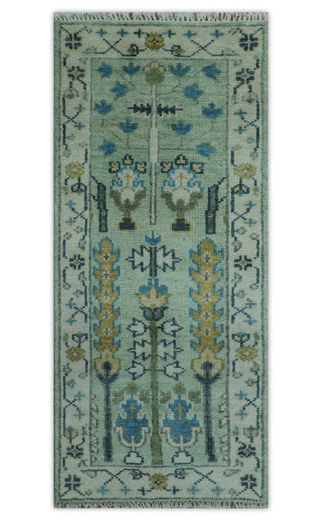 Moss Green and Ivory Tree of life Hand Knotted Wool Rug