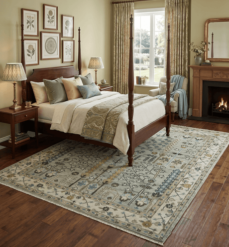 Moss Green and Ivory Tree of life Hand Knotted Wool Rug