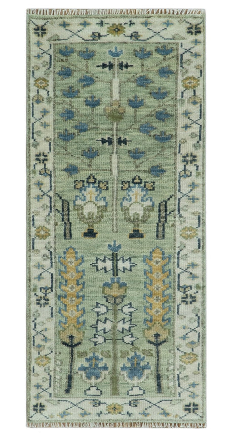 Moss Green and Ivory Tree of life Hand Knotted Wool Rug