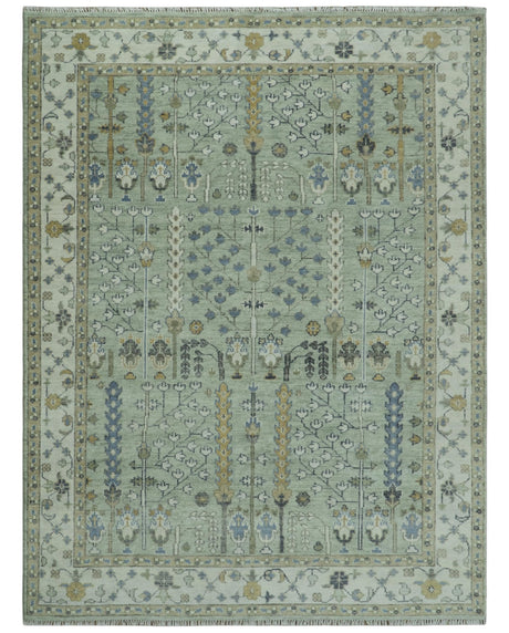Moss Green and Ivory Tree of life Hand Knotted Wool Rug