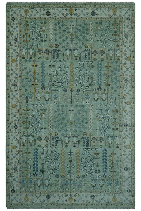 Moss Green and Ivory Tree of life Hand Knotted Wool Rug