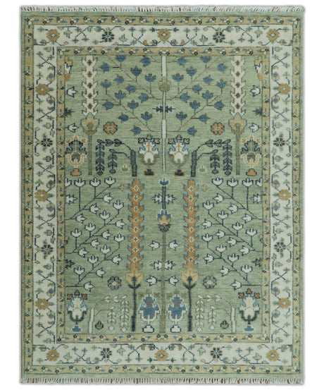 Moss Green and Ivory Tree of life Hand Knotted Wool Rug