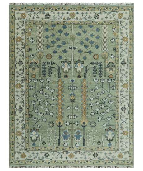 Moss Green and Ivory Tree of life Hand Knotted Wool Rug