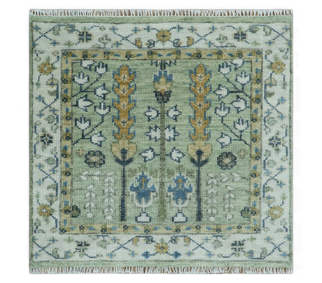Moss Green and Ivory Tree of life Hand Knotted Wool Rug