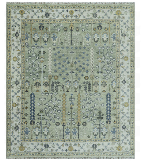 Moss Green and Ivory Tree of life Hand Knotted Wool Rug