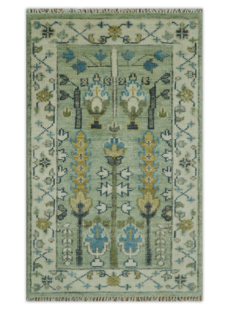 Moss Green and Ivory Tree of life Hand Knotted Wool Rug