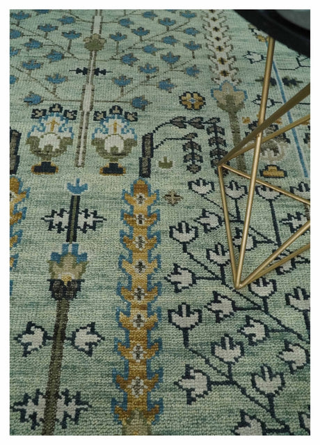 Moss Green and Ivory Tree of life Hand Knotted Wool Rug