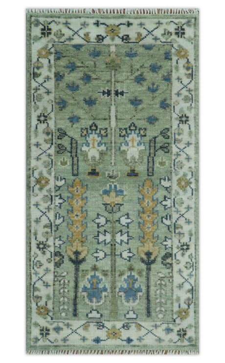 Moss Green and Ivory Tree of life Hand Knotted Wool Rug