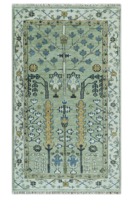 Moss Green and Ivory Tree of life Hand Knotted Wool Rug