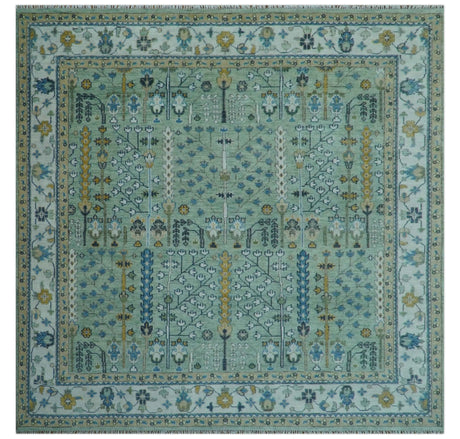 Moss Green and Ivory Tree of life Hand Knotted Wool Rug