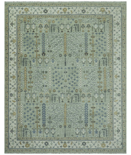 Moss Green and Ivory Tree of life Hand Knotted Wool Rug