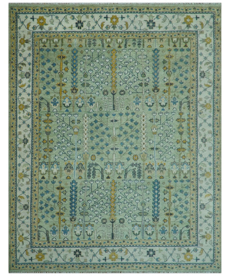 Moss Green and Ivory Tree of life Hand Knotted Wool Rug
