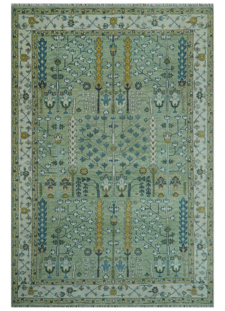 Moss Green and Ivory Tree of life Hand Knotted Wool Rug