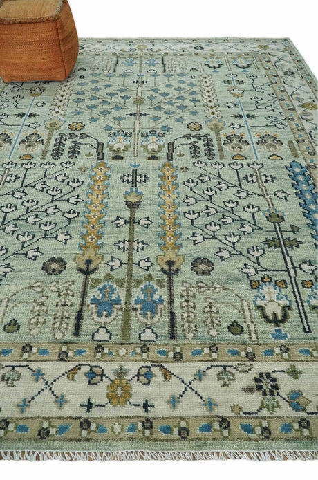 Moss Green and Ivory Tree of life Hand Knotted Wool Rug