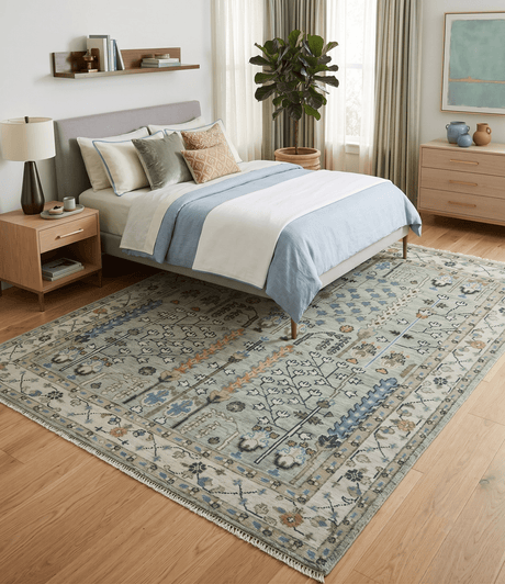 Moss Green and Ivory Tree of life Hand Knotted Wool Rug