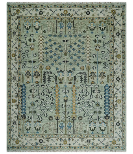 Moss Green and Ivory Tree of life Hand Knotted Wool Rug