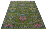Moss Green, Blue and Peach Hand Knotted Vibrant colorful Donegal Design Multi Size Wool Area Rug