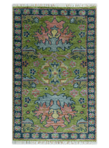 Moss Green, Blue and Peach Hand Knotted Vibrant colorful Donegal Design Multi Size Wool Area Rug