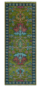 Moss Green, Blue and Peach Hand Knotted Vibrant colorful Donegal Design Multi Size Wool Area Rug