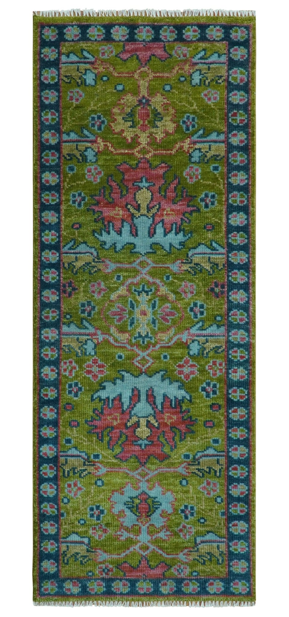 Moss Green, Blue and Peach Hand Knotted Vibrant colorful Donegal Design Multi Size Wool Area Rug