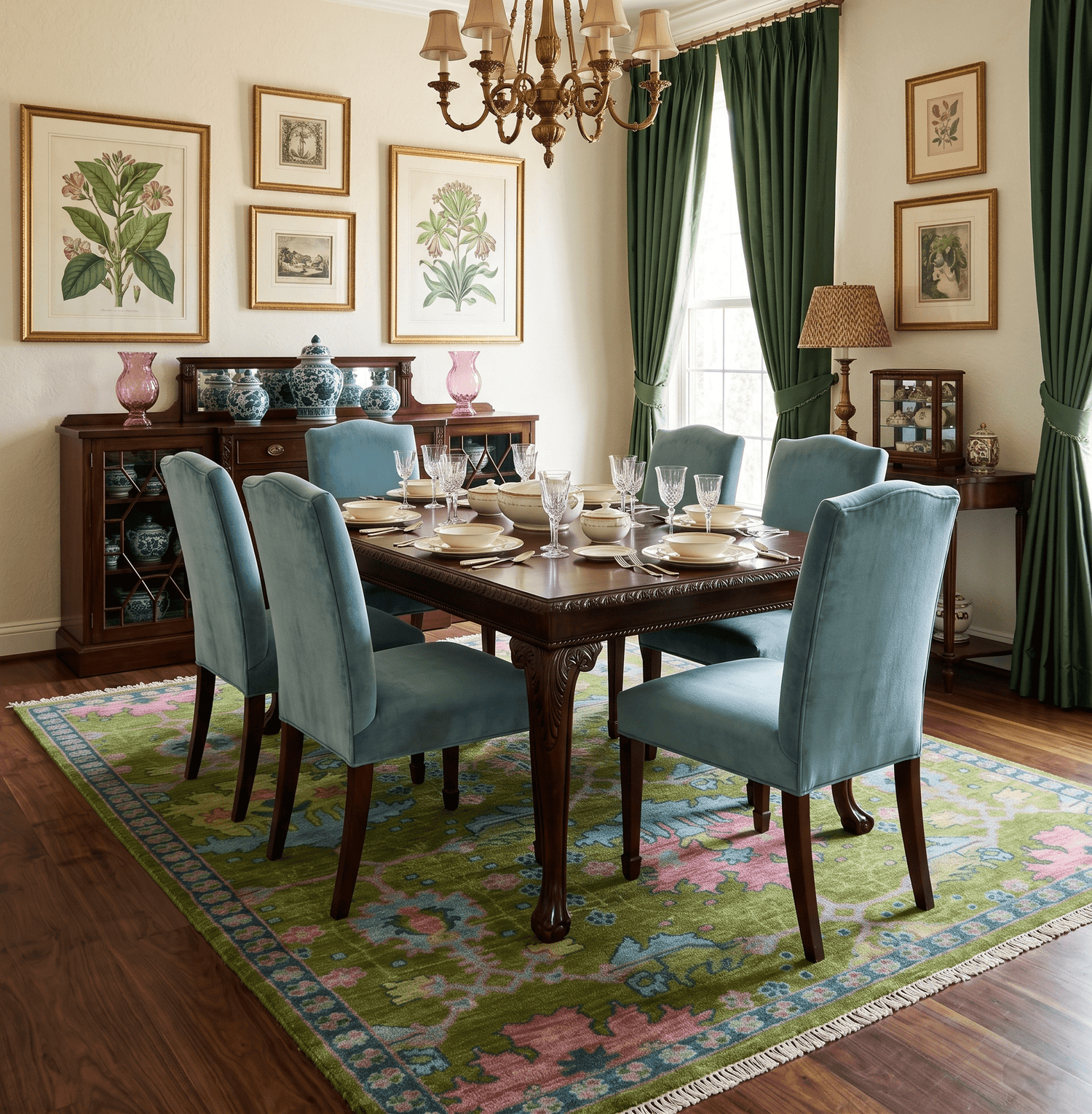 Moss Green, Blue and Peach Hand Knotted Vibrant colorful Donegal Design Multi Size Wool Area Rug