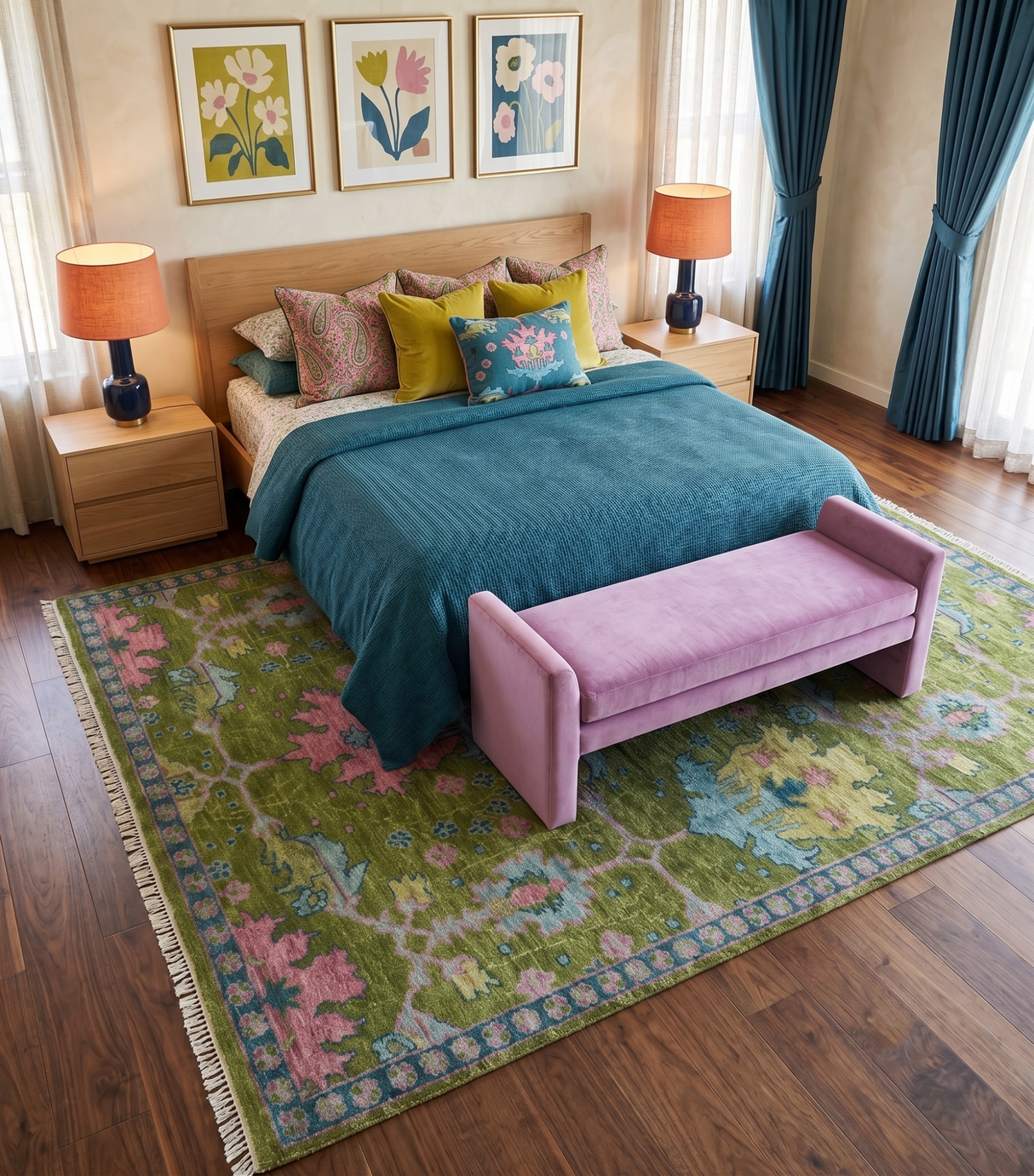 Moss Green, Blue and Peach Hand Knotted Vibrant colorful Donegal Design Multi Size Wool Area Rug