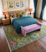 Moss Green, Blue and Peach Hand Knotted Vibrant colorful Donegal Design Multi Size Wool Area Rug
