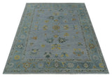 Multi Size Charcoal, Aqua and Silver Hand Knotted Oushak Wool Area Rug