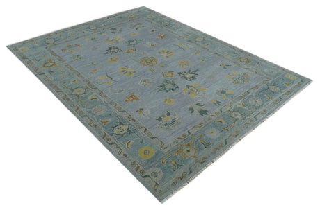 Multi Size Charcoal, Aqua and Silver Hand Knotted Oushak Wool Area Rug