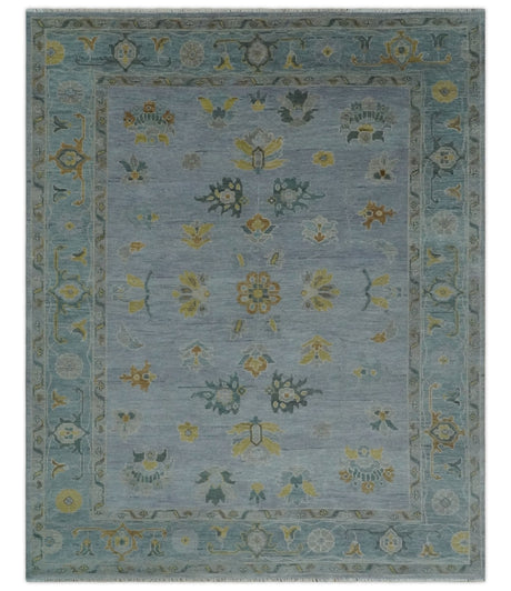 Multi Size Charcoal, Aqua and Silver Hand Knotted Oushak Wool Area Rug