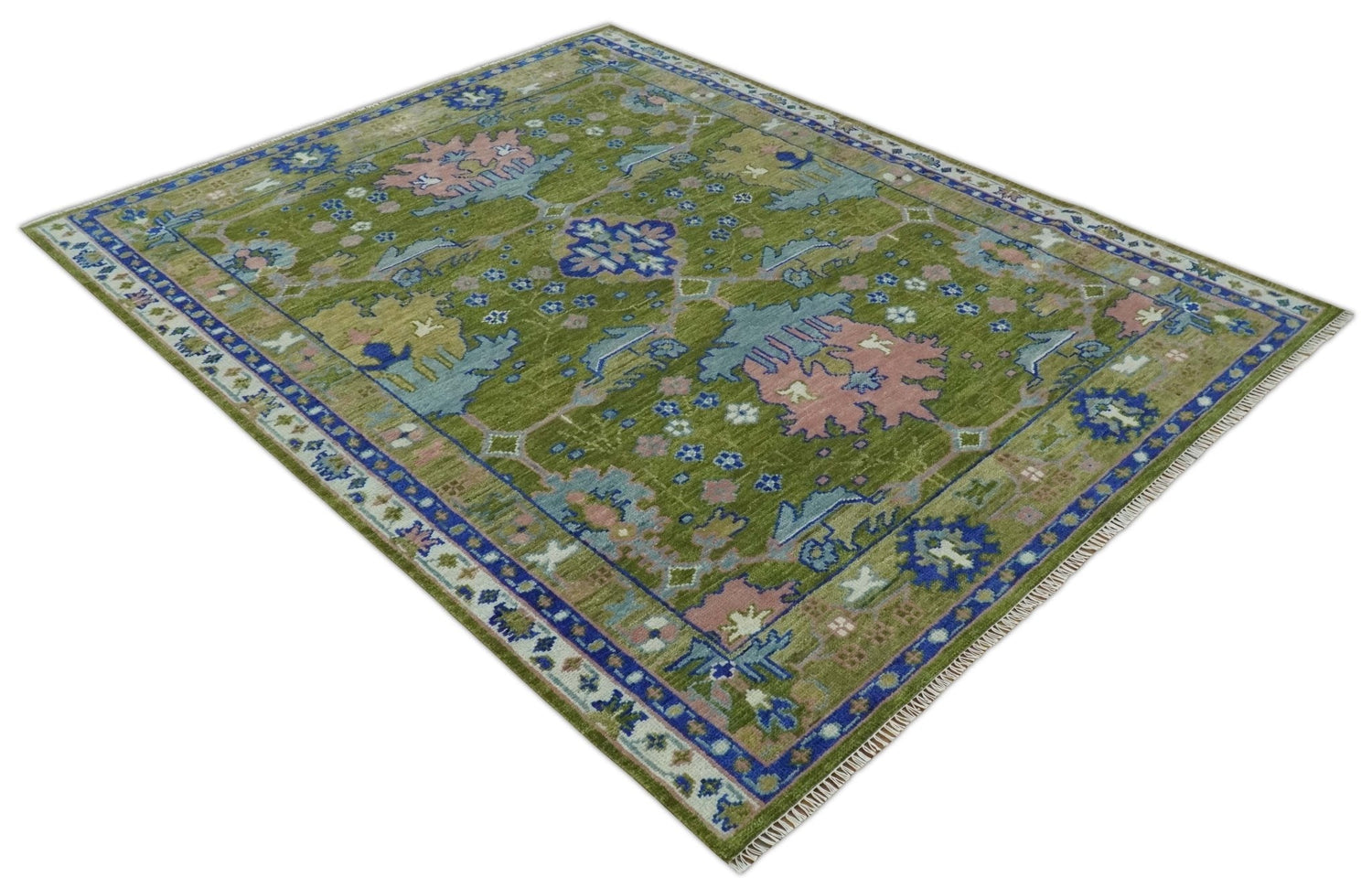 Multi size Moss Green, Blue and Peach Hand Knotted Vibrant colorful Donegal Wool Rug