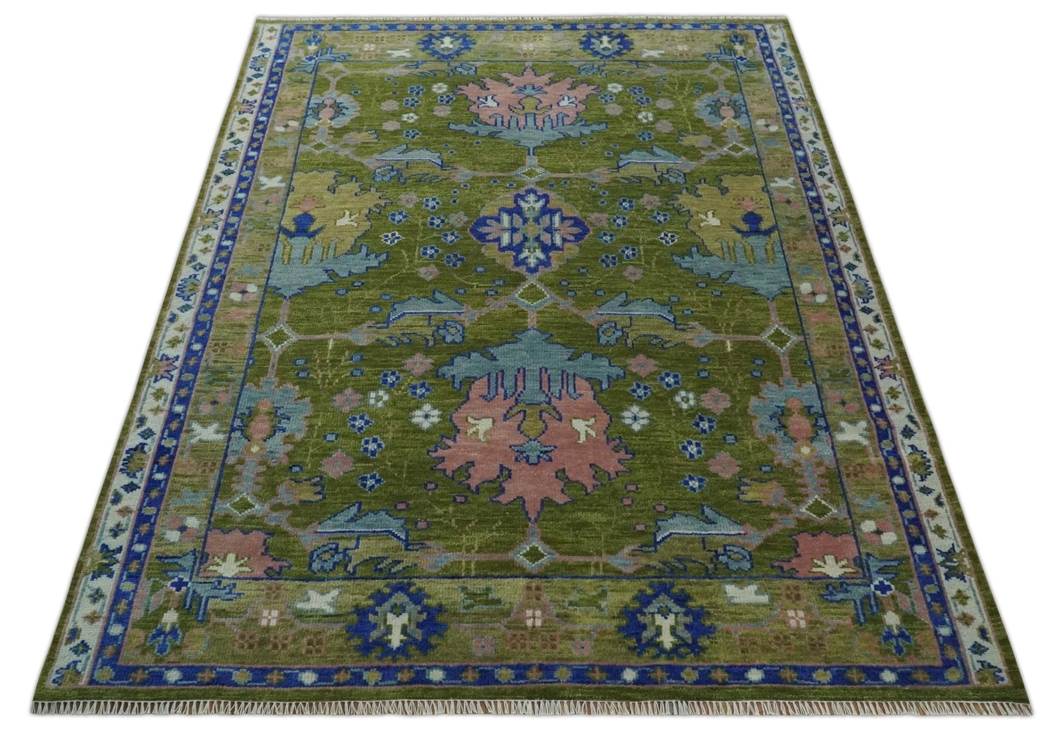 Multi size Moss Green, Blue and Peach Hand Knotted Vibrant colorful Donegal Wool Rug
