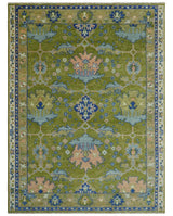 Multi size Moss Green, Blue and Peach Hand Knotted Vibrant colorful Donegal Wool Rug