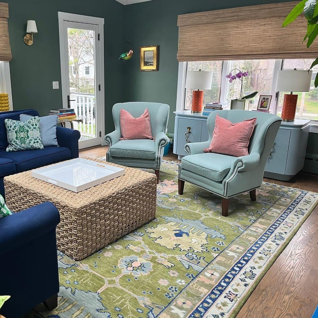 Multi size Moss Green, Blue and Peach Hand Knotted Vibrant colorful Donegal Wool Rug
