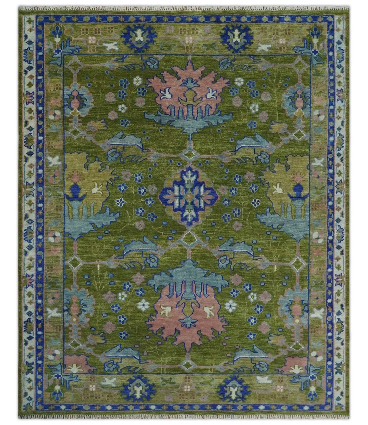 Multi size Moss Green, Blue and Peach Hand Knotted Vibrant colorful Donegal Wool Rug