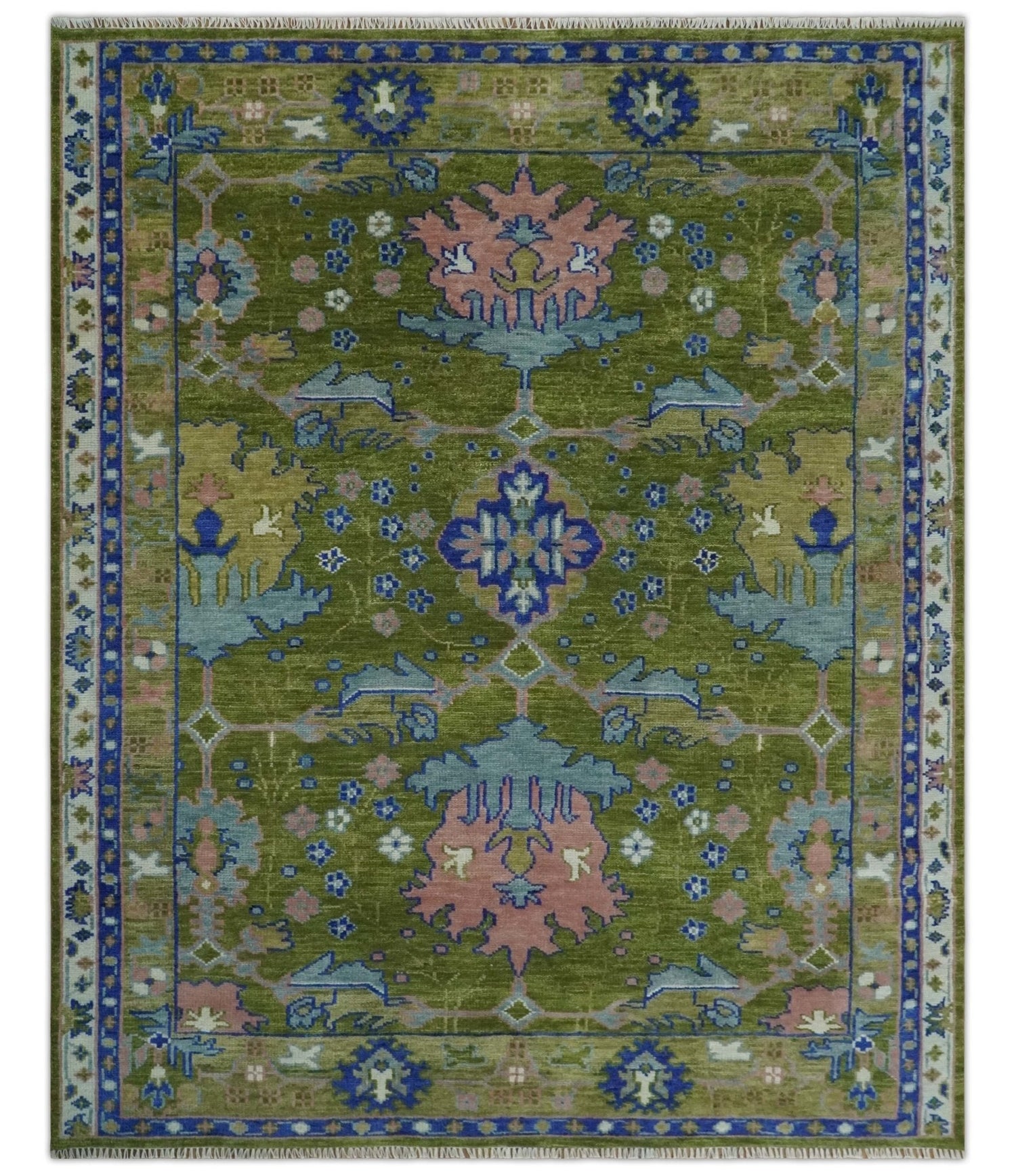 Multi size Moss Green, Blue and Peach Hand Knotted Vibrant colorful Donegal Wool Rug