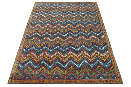 Multicolor Modern Chevron Design 7x10 Hand Knotted wool Area Rug