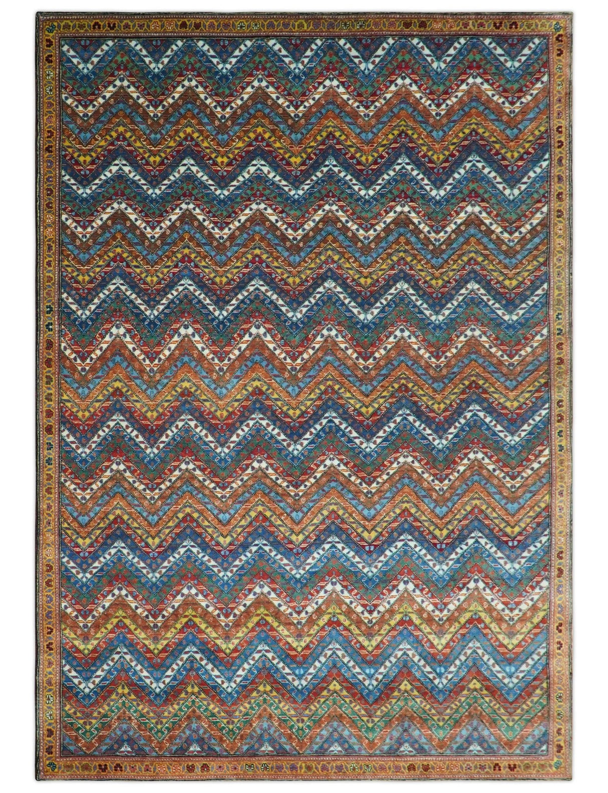 Multicolor Modern Chevron Design 7x10 Hand Knotted wool Area Rug