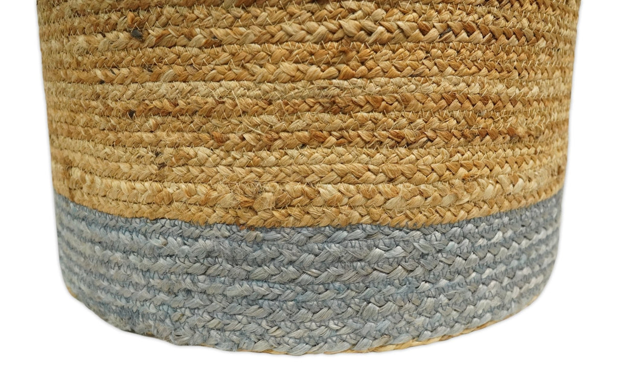 Natural Brown and Blue Jute Round Cylindrical Pouf