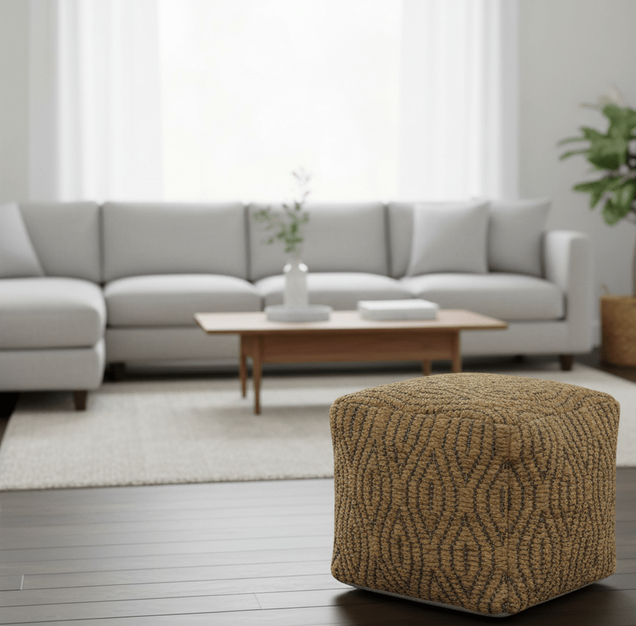 Natural Brown and Charcoal Hand Woven Geometrical Design Jute Pouf