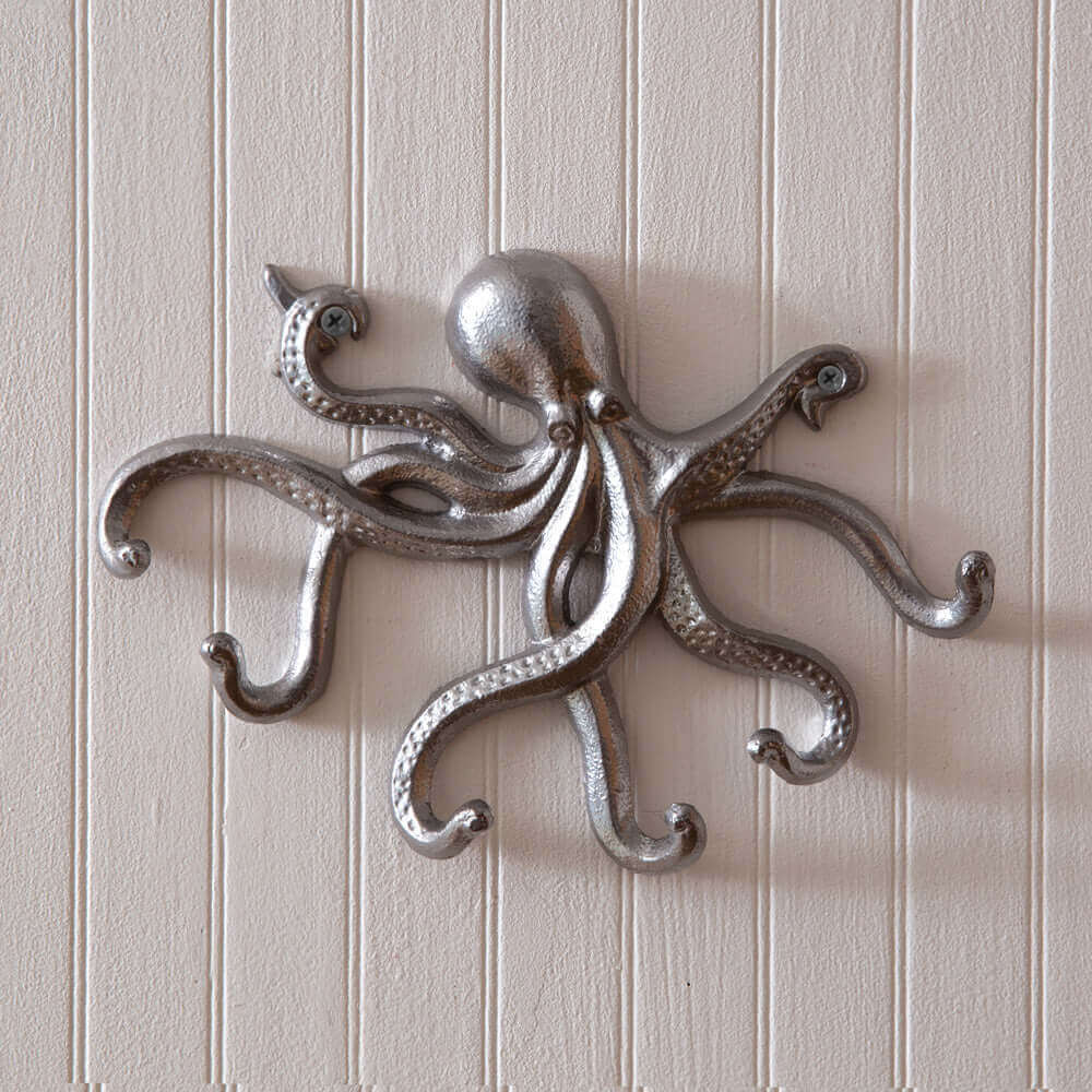 Nautical Silver Octopus Wall Hooks (Set of 2)-Wall Decor-Parc Decor