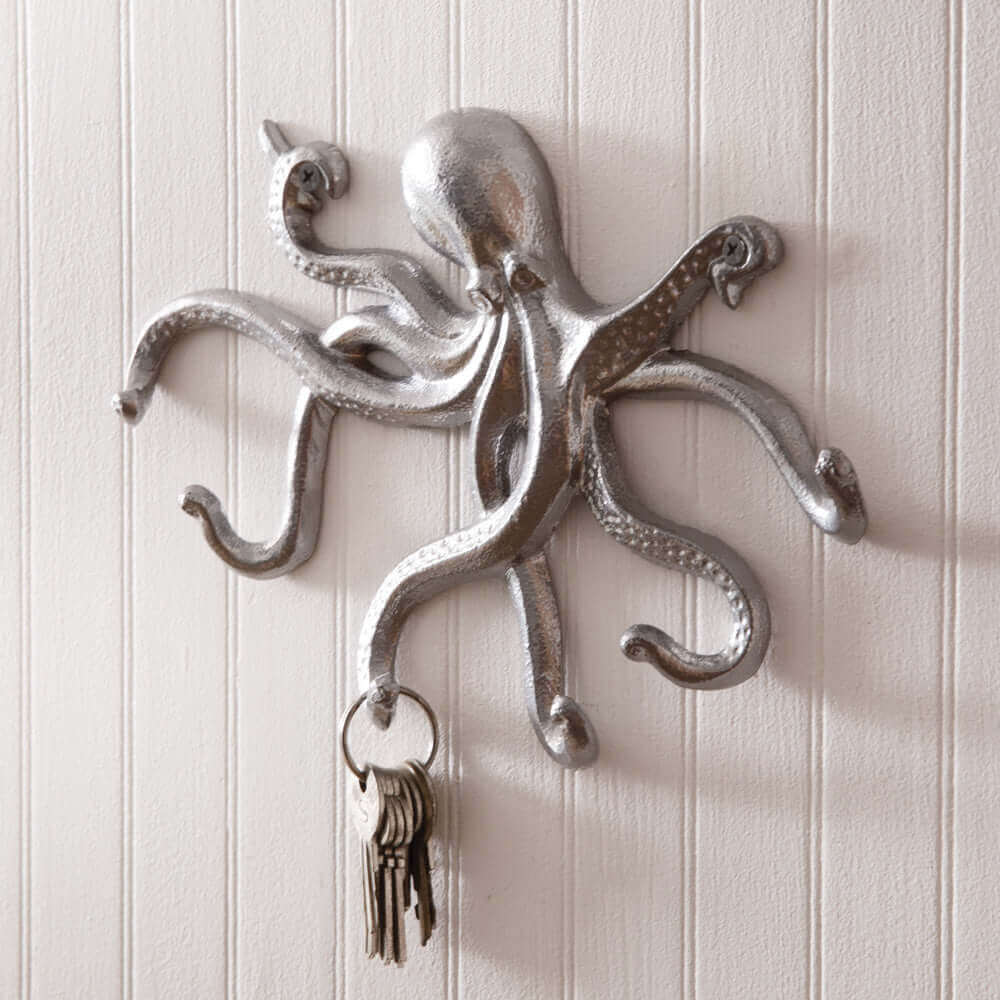 Nautical Silver Octopus Wall Hooks (Set of 2)-Wall Decor-Parc Decor